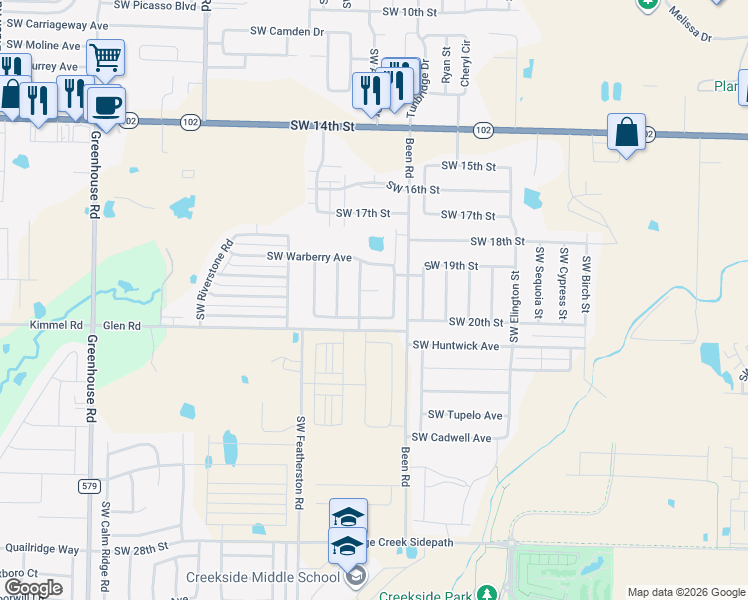 map of restaurants, bars, coffee shops, grocery stores, and more near 2709 Southwest Tanglewood Avenue in Bentonville