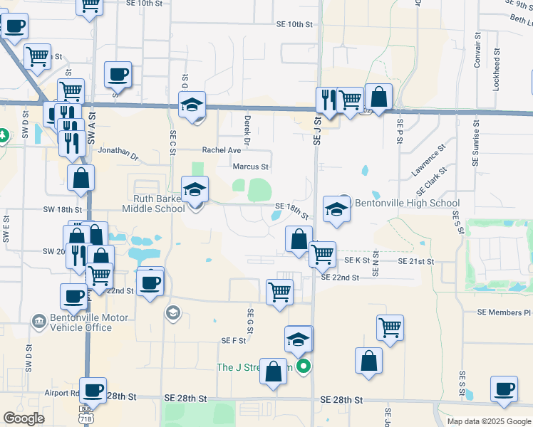 map of restaurants, bars, coffee shops, grocery stores, and more near 816 Southeast Hummingbird Lane in Bentonville