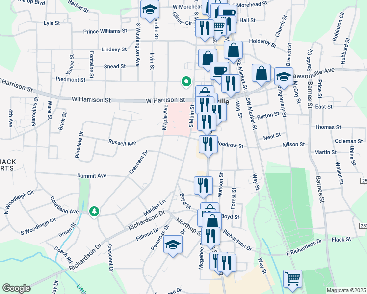 map of restaurants, bars, coffee shops, grocery stores, and more near 710 South Main Street in Reidsville