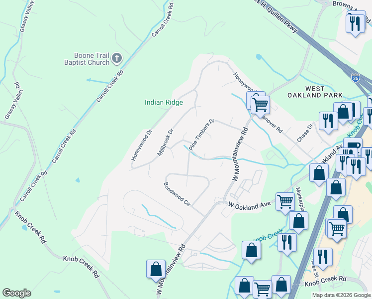 map of restaurants, bars, coffee shops, grocery stores, and more near 3503 Pine Timbers Drive in Johnson City