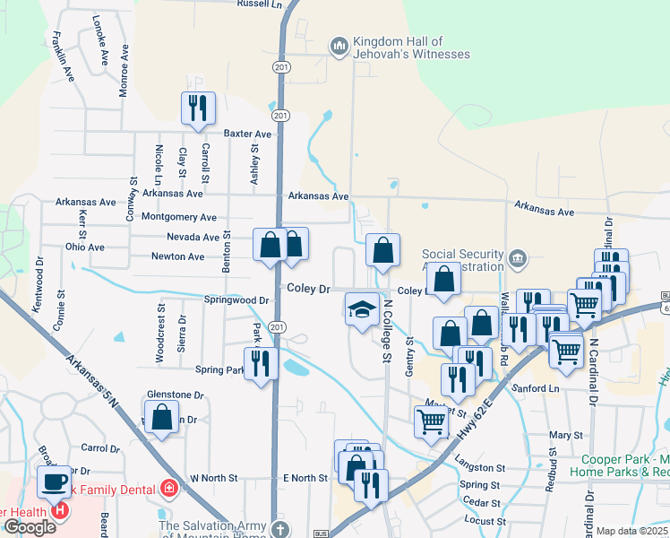 map of restaurants, bars, coffee shops, grocery stores, and more near 1-99 Northstar Circle in Mountain Home