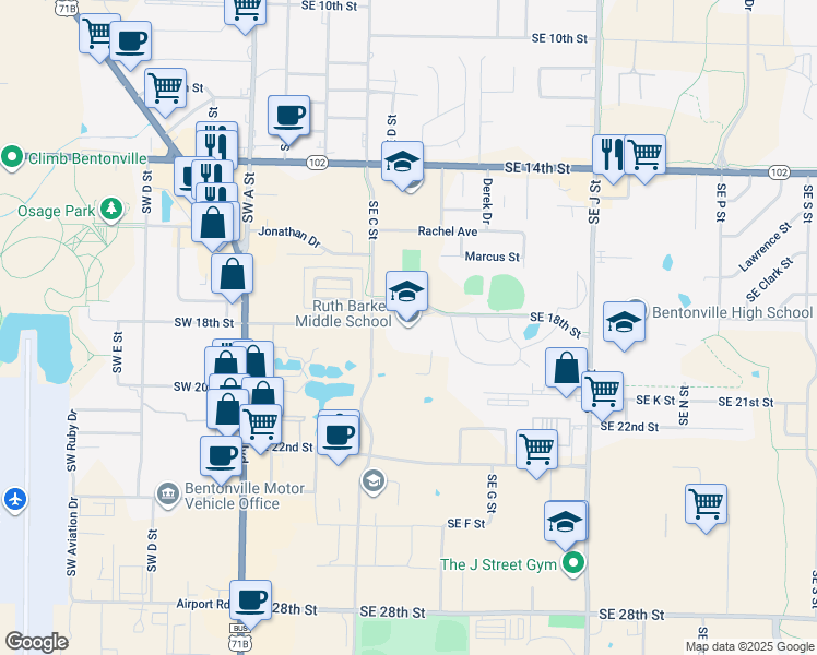 map of restaurants, bars, coffee shops, grocery stores, and more near 500 Southeast 18th Street in Bentonville