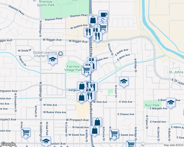 map of restaurants, bars, coffee shops, grocery stores, and more near 2350 North Dinuba Boulevard in Visalia