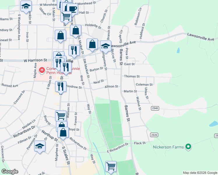 map of restaurants, bars, coffee shops, grocery stores, and more near 803 Montgomery Street in Reidsville