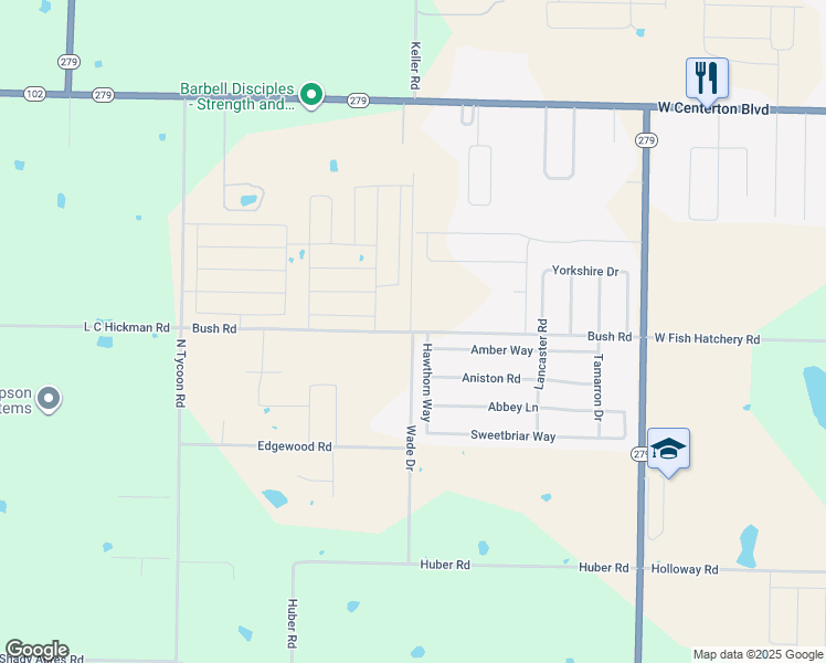 map of restaurants, bars, coffee shops, grocery stores, and more near Bush Road in Centerton