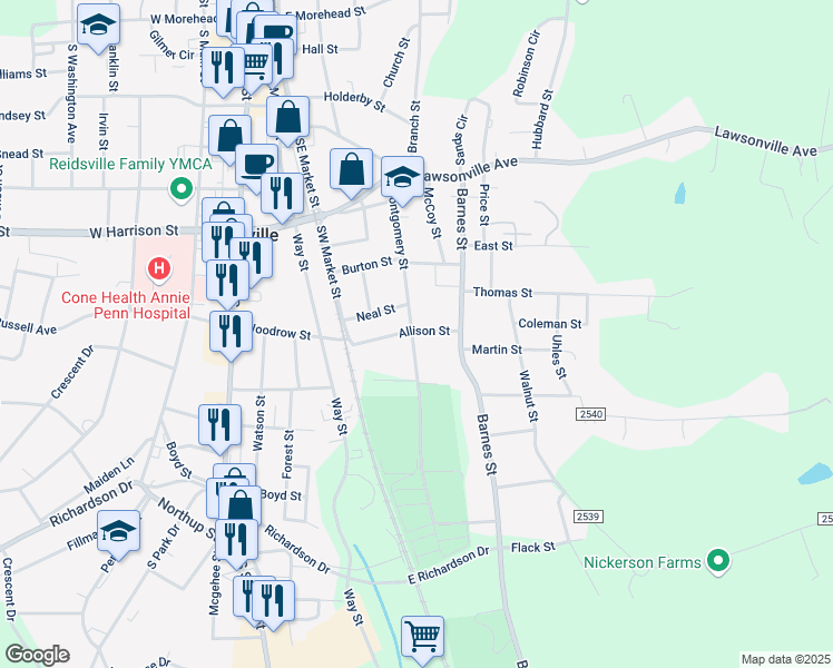 map of restaurants, bars, coffee shops, grocery stores, and more near 901 Montgomery Street in Reidsville