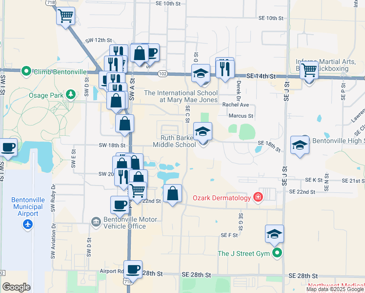 map of restaurants, bars, coffee shops, grocery stores, and more near 500 Southeast 18th Street in Bentonville