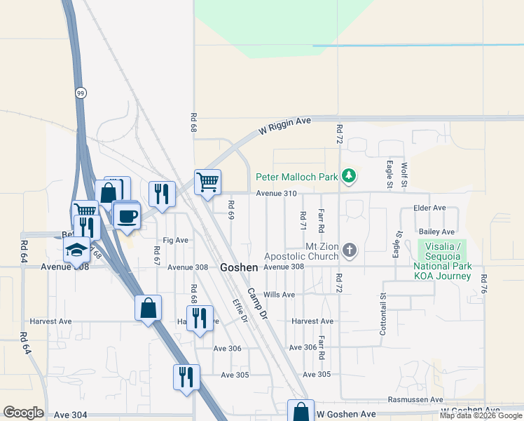 map of restaurants, bars, coffee shops, grocery stores, and more near 7081-7099 Avenue 310 in Visalia