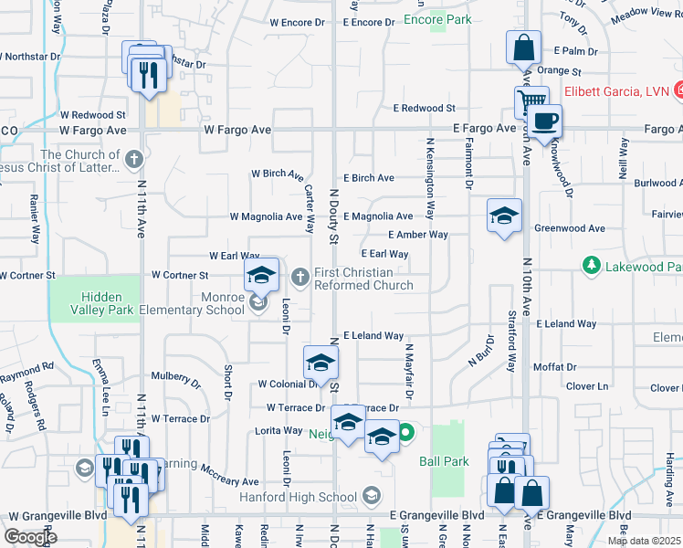 map of restaurants, bars, coffee shops, grocery stores, and more near 2207 North Douty Street in Hanford
