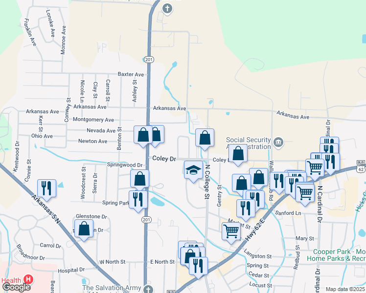 map of restaurants, bars, coffee shops, grocery stores, and more near 140 Green Valley Drive in Mountain Home
