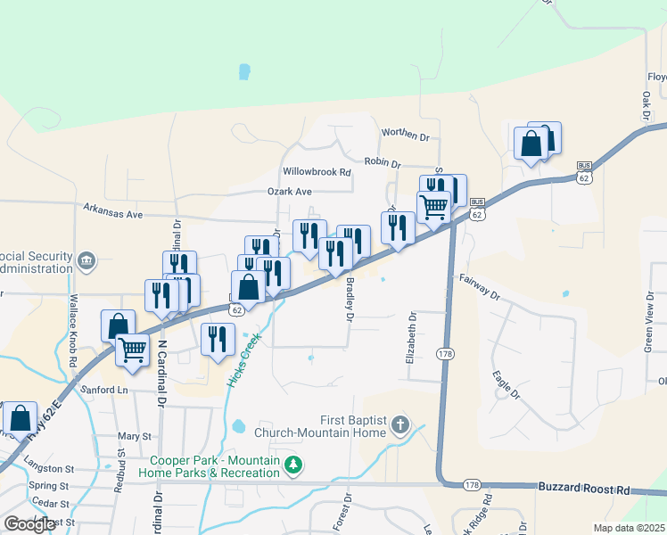map of restaurants, bars, coffee shops, grocery stores, and more near 1343 Highway 62 East in Mountain Home