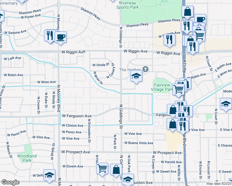 map of restaurants, bars, coffee shops, grocery stores, and more near 1338 North Park Circle in Visalia