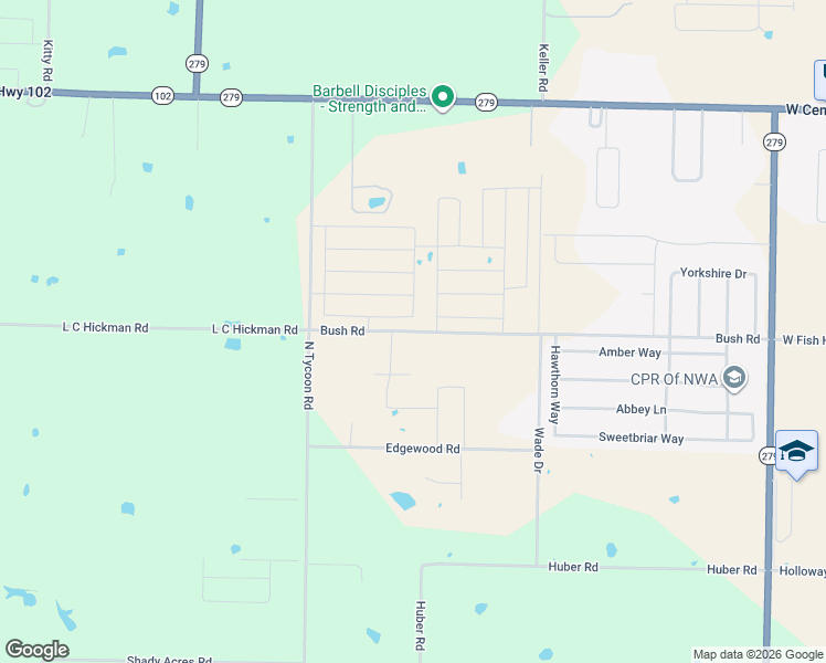 map of restaurants, bars, coffee shops, grocery stores, and more near 12965 Bush Road in Bentonville