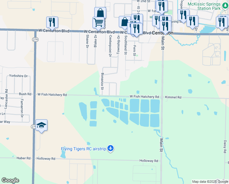 map of restaurants, bars, coffee shops, grocery stores, and more near 530 Dogwood Street in Centerton