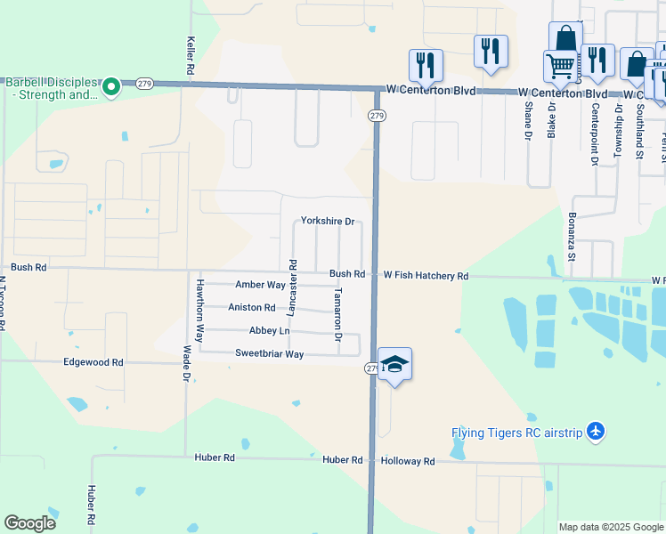 map of restaurants, bars, coffee shops, grocery stores, and more near 580 Tamarron Drive in Centerton