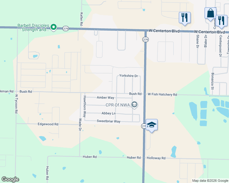 map of restaurants, bars, coffee shops, grocery stores, and more near 551 Lancaster Road in Centerton