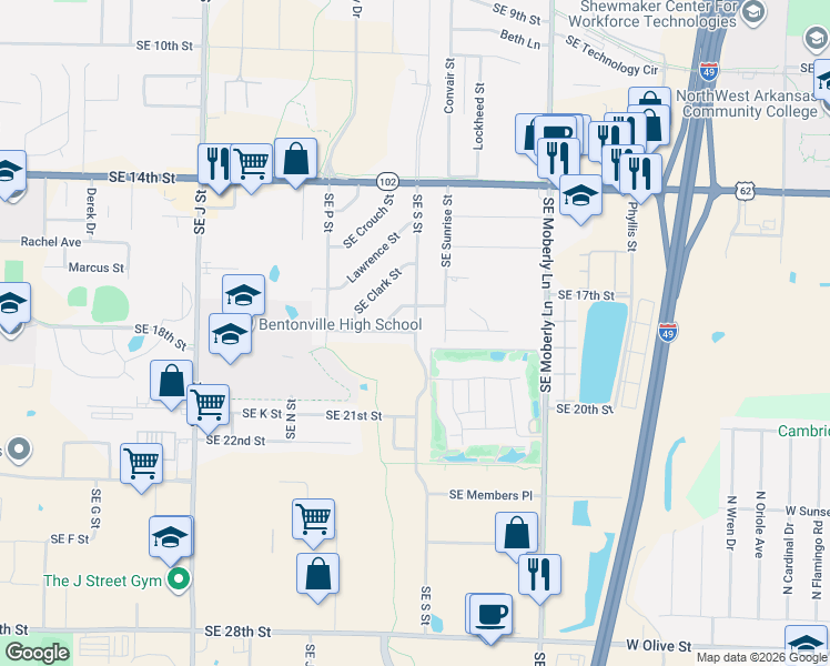 map of restaurants, bars, coffee shops, grocery stores, and more near Southeast 18th Street in Bentonville