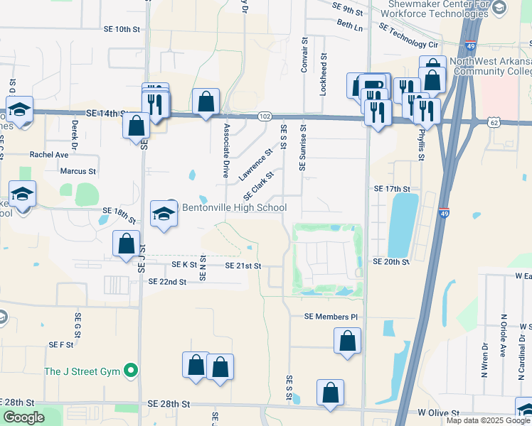 map of restaurants, bars, coffee shops, grocery stores, and more near 1906 Southeast Taylor Street in Bentonville