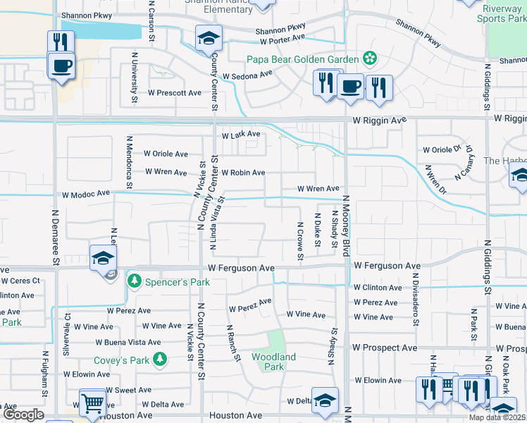 map of restaurants, bars, coffee shops, grocery stores, and more near 2605 West Modoc Avenue in Visalia