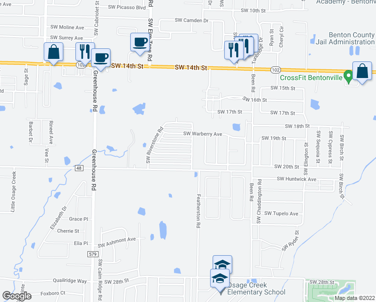 map of restaurants, bars, coffee shops, grocery stores, and more near 3102 Southwest Stonepoint Avenue in Bentonville