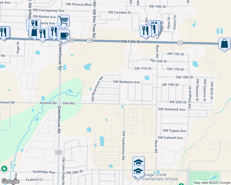 map of restaurants, bars, coffee shops, grocery stores, and more near 3114 Southwest Stoneway Avenue in Bentonville