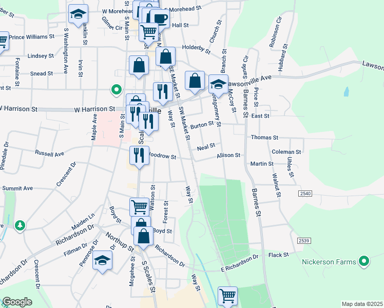 map of restaurants, bars, coffee shops, grocery stores, and more near 801 Southwest Market Street in Reidsville