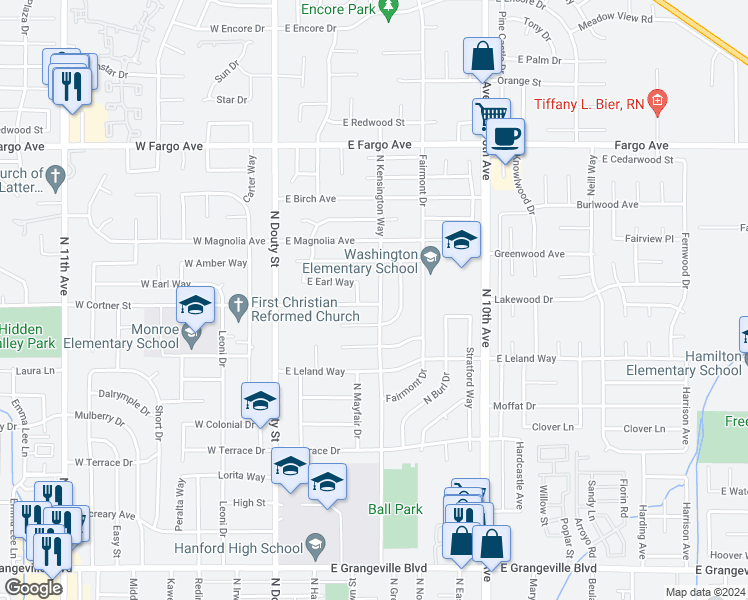map of restaurants, bars, coffee shops, grocery stores, and more near 2214 North Kensington Way in Hanford