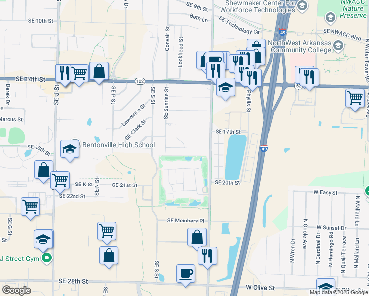 map of restaurants, bars, coffee shops, grocery stores, and more near 1704 Beverly Court in Bentonville