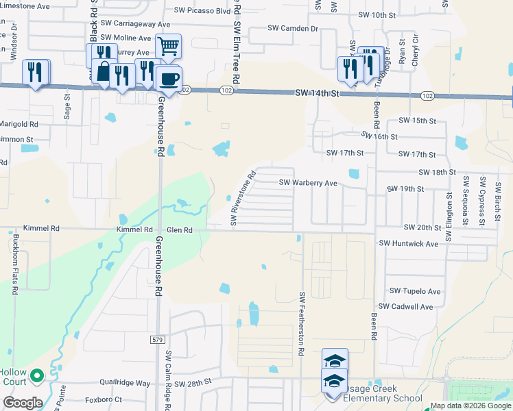 map of restaurants, bars, coffee shops, grocery stores, and more near 3300 Southwest Stoneway Avenue in Bentonville