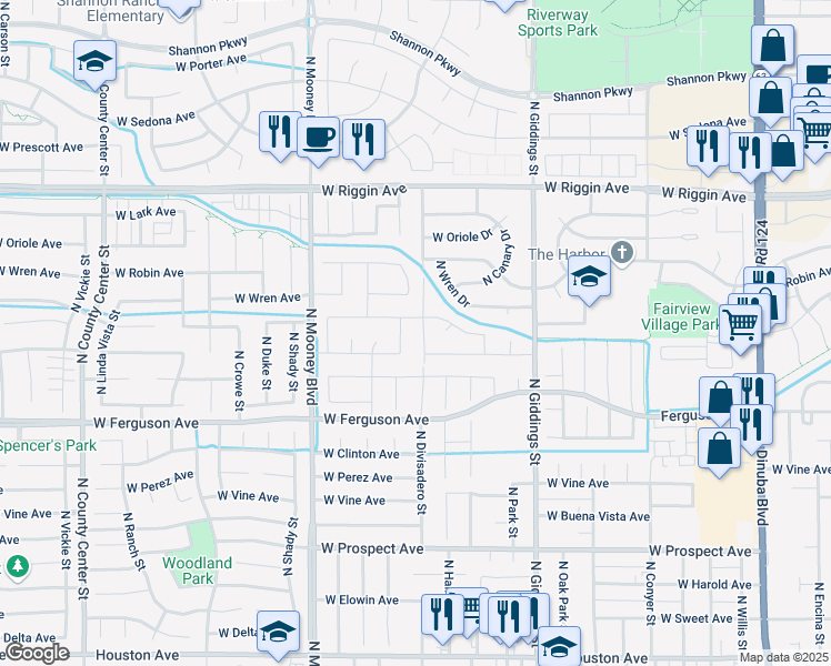 map of restaurants, bars, coffee shops, grocery stores, and more near 2449 North Divisadero Street in Visalia