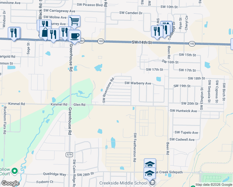 map of restaurants, bars, coffee shops, grocery stores, and more near 3300 Southwest Stoneway Avenue in Bentonville