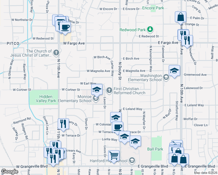 map of restaurants, bars, coffee shops, grocery stores, and more near 2244 Carter Way in Hanford