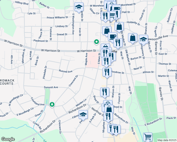 map of restaurants, bars, coffee shops, grocery stores, and more near 517 Woodrow St in Reidsville