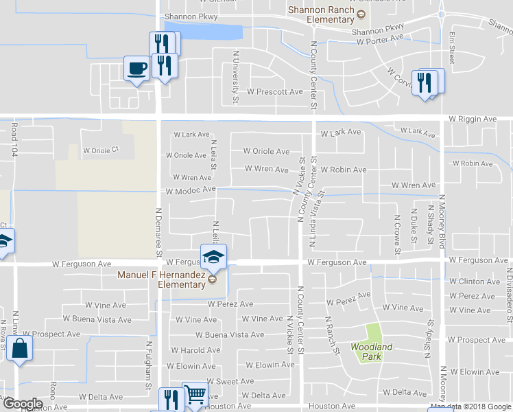 map of restaurants, bars, coffee shops, grocery stores, and more near 3233 West Delaware Court in Visalia