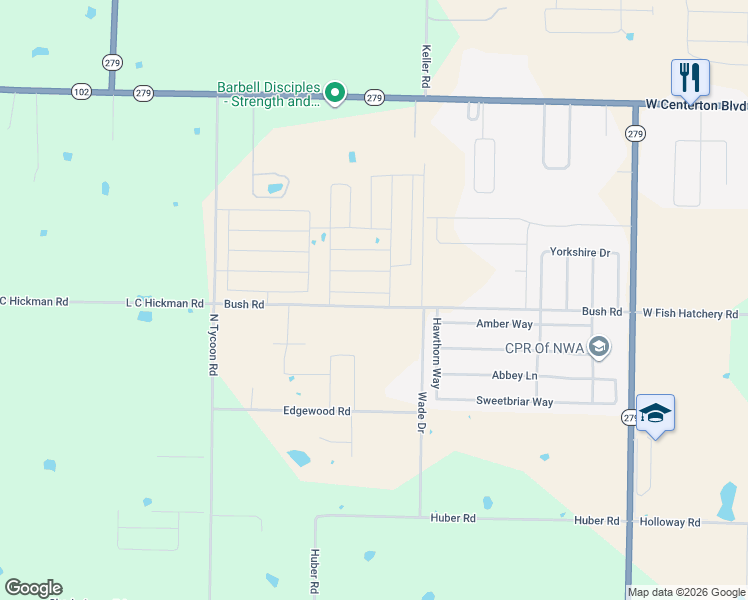 map of restaurants, bars, coffee shops, grocery stores, and more near 12800-12894 Bush Road in Centerton