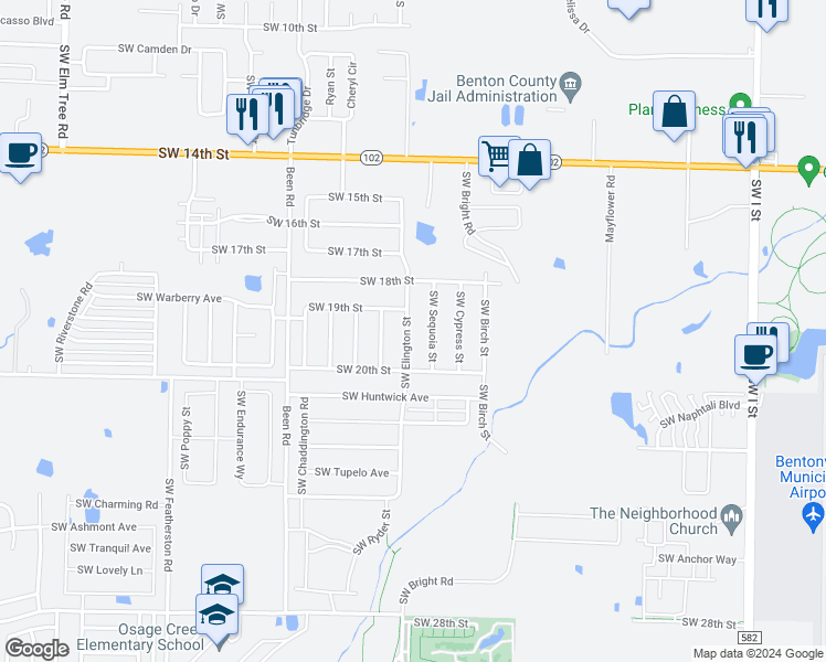 map of restaurants, bars, coffee shops, grocery stores, and more near 1905 Southwest Elington Street in Bentonville