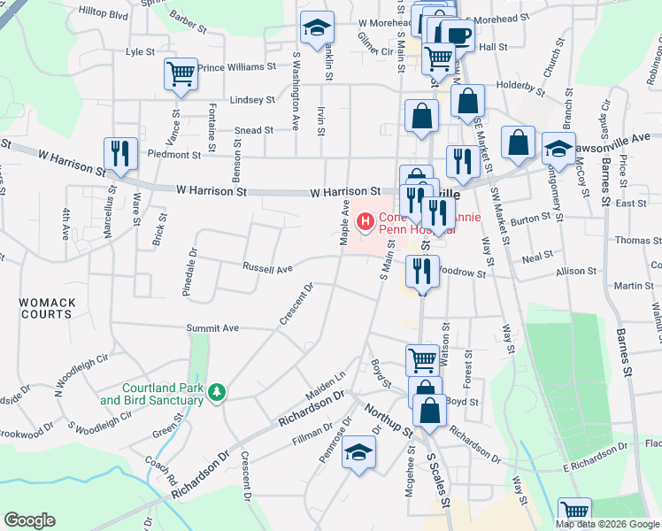 map of restaurants, bars, coffee shops, grocery stores, and more near 710 Russell Avenue in Reidsville