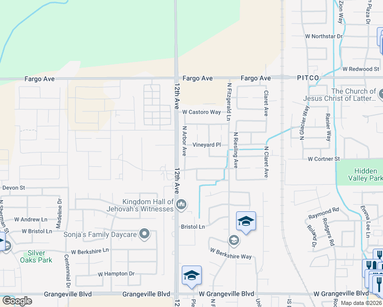 map of restaurants, bars, coffee shops, grocery stores, and more near 1635 Vineyard Place in Hanford