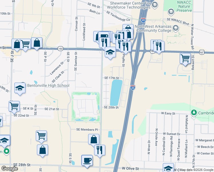 map of restaurants, bars, coffee shops, grocery stores, and more near 1704 Southeast Moberly Manor Drive in Bentonville