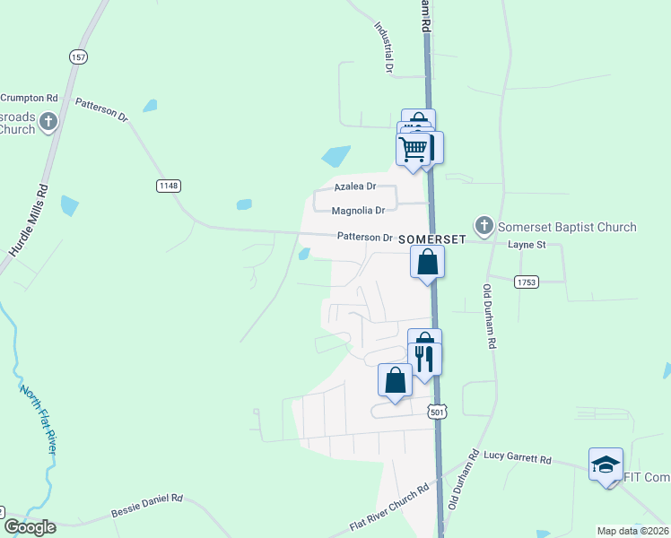 map of restaurants, bars, coffee shops, grocery stores, and more near 72 Mae Court in Roxboro