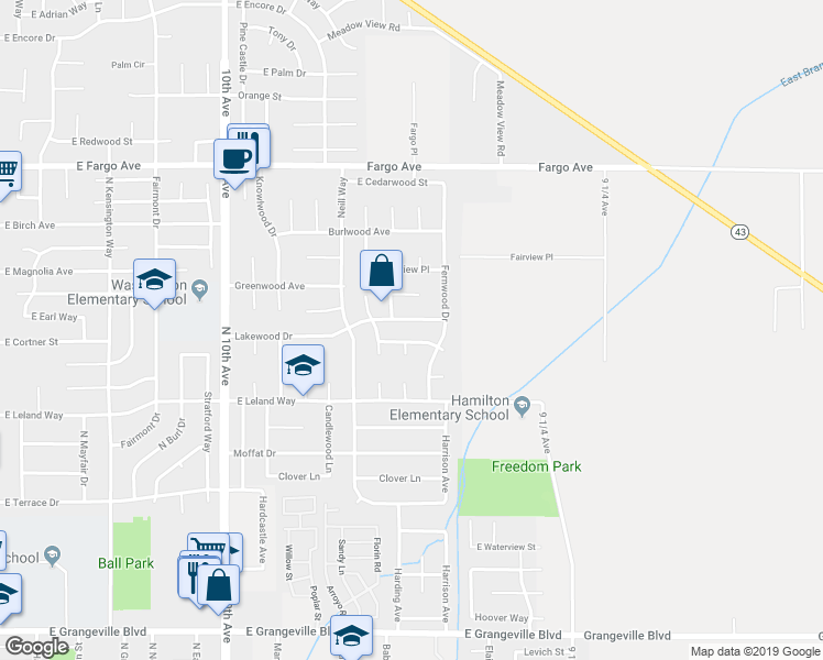 map of restaurants, bars, coffee shops, grocery stores, and more near 990 Heartwood Way in Hanford
