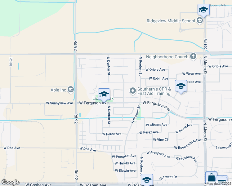 map of restaurants, bars, coffee shops, grocery stores, and more near 2442 North El Cajon Street in Visalia