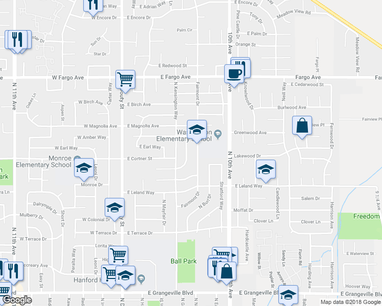 map of restaurants, bars, coffee shops, grocery stores, and more near 2225 East Lemmon Way in Hanford