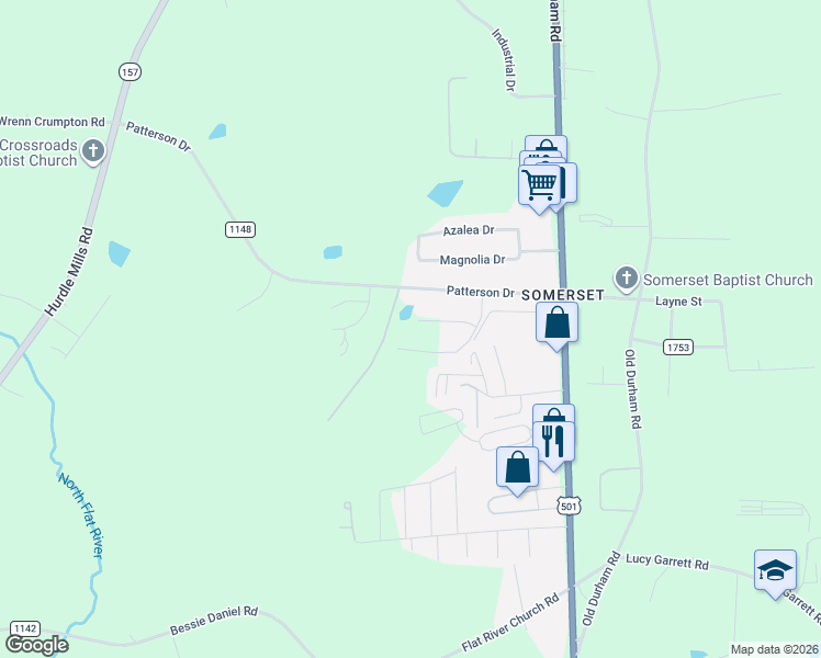 map of restaurants, bars, coffee shops, grocery stores, and more near 319 Patterson Drive in Roxboro