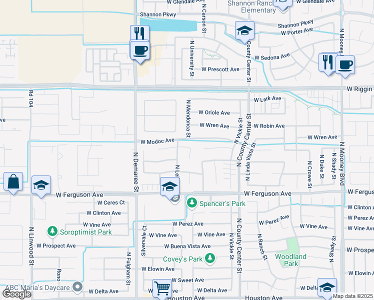 map of restaurants, bars, coffee shops, grocery stores, and more near 2435 West Delaware Court in Visalia