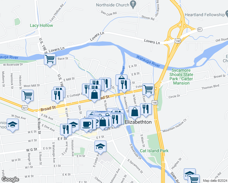 map of restaurants, bars, coffee shops, grocery stores, and more near 623 Race Street in Elizabethton