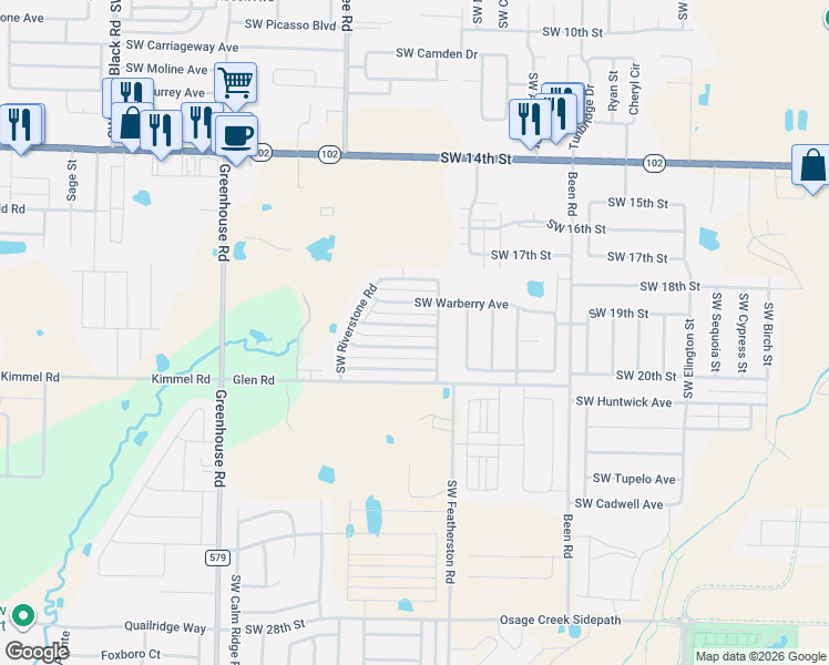 map of restaurants, bars, coffee shops, grocery stores, and more near 3114 Southwest Stoneway Avenue in Bentonville