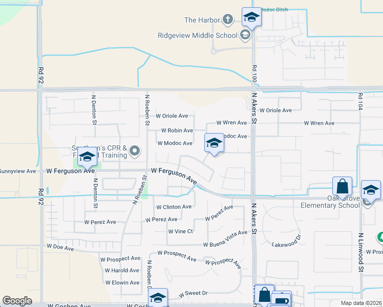 map of restaurants, bars, coffee shops, grocery stores, and more near 5806 West Sunnyview Avenue in Visalia