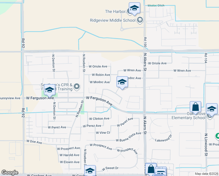 map of restaurants, bars, coffee shops, grocery stores, and more near 5806 West Sunnyview Avenue in Visalia