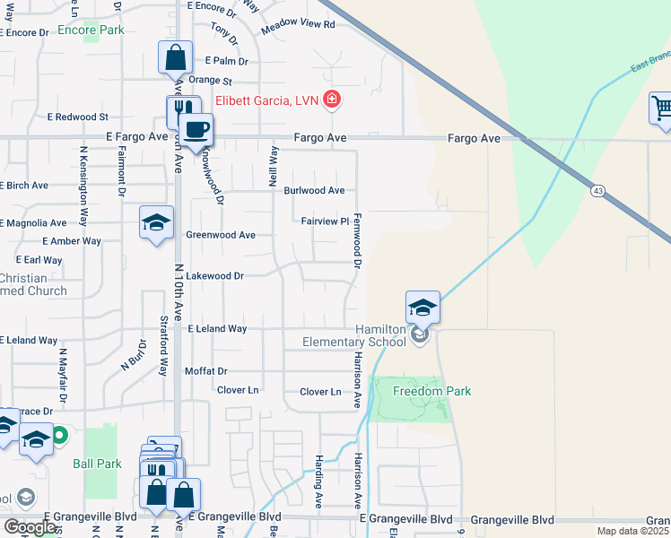 map of restaurants, bars, coffee shops, grocery stores, and more near 1017 Lakewood Drive in Hanford